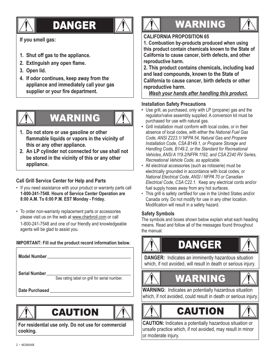 Danger, Warning caution, Warning | Caution | Char-Broil 463360408 User Manual | Page 2 / 28