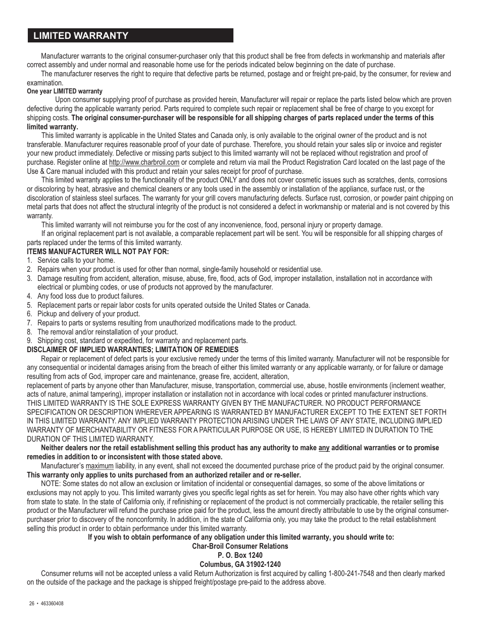 Char-Broil 463360408 User Manual | Page 26 / 28
