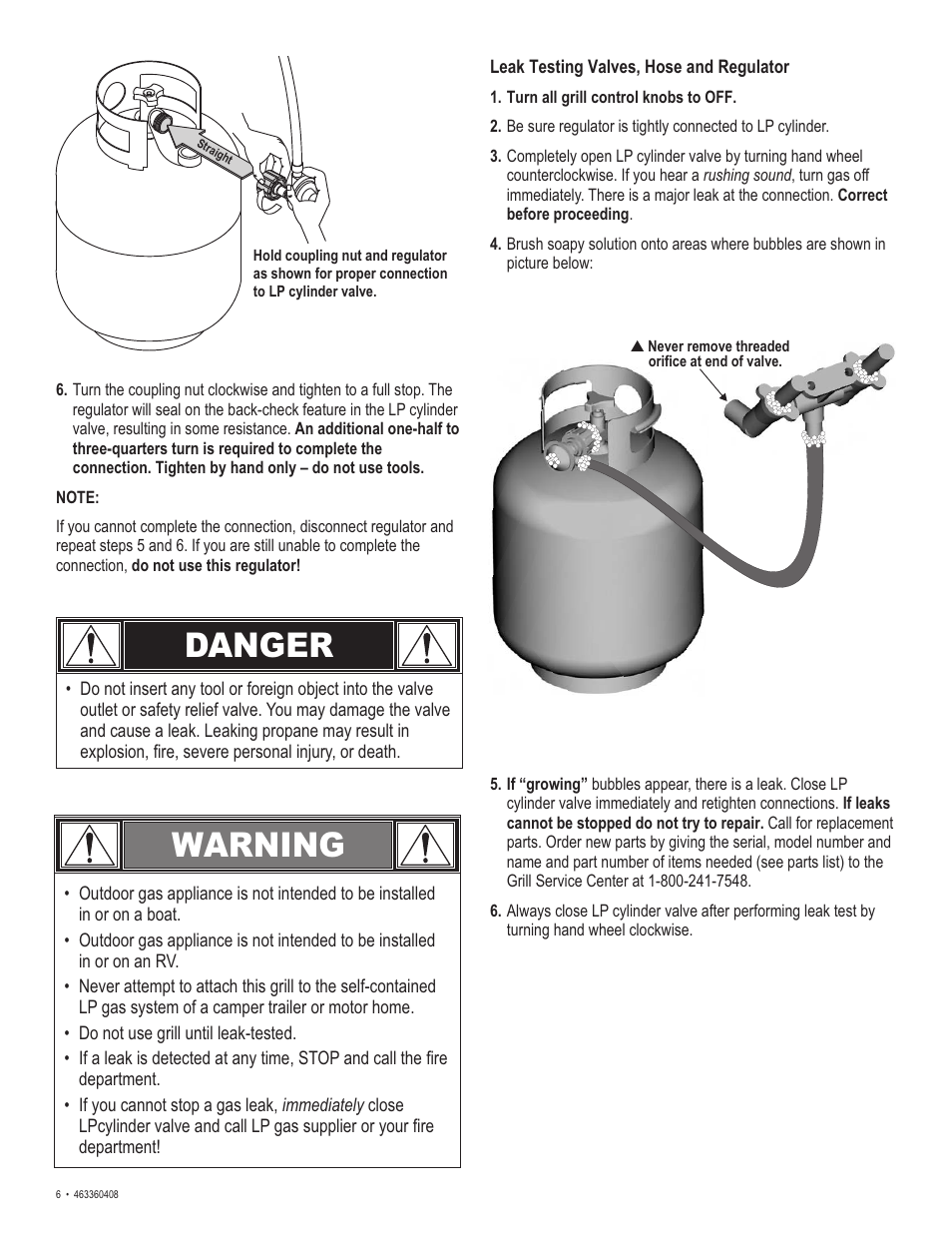 Danger, Warning | Char-Broil 463360408 User Manual | Page 6 / 28