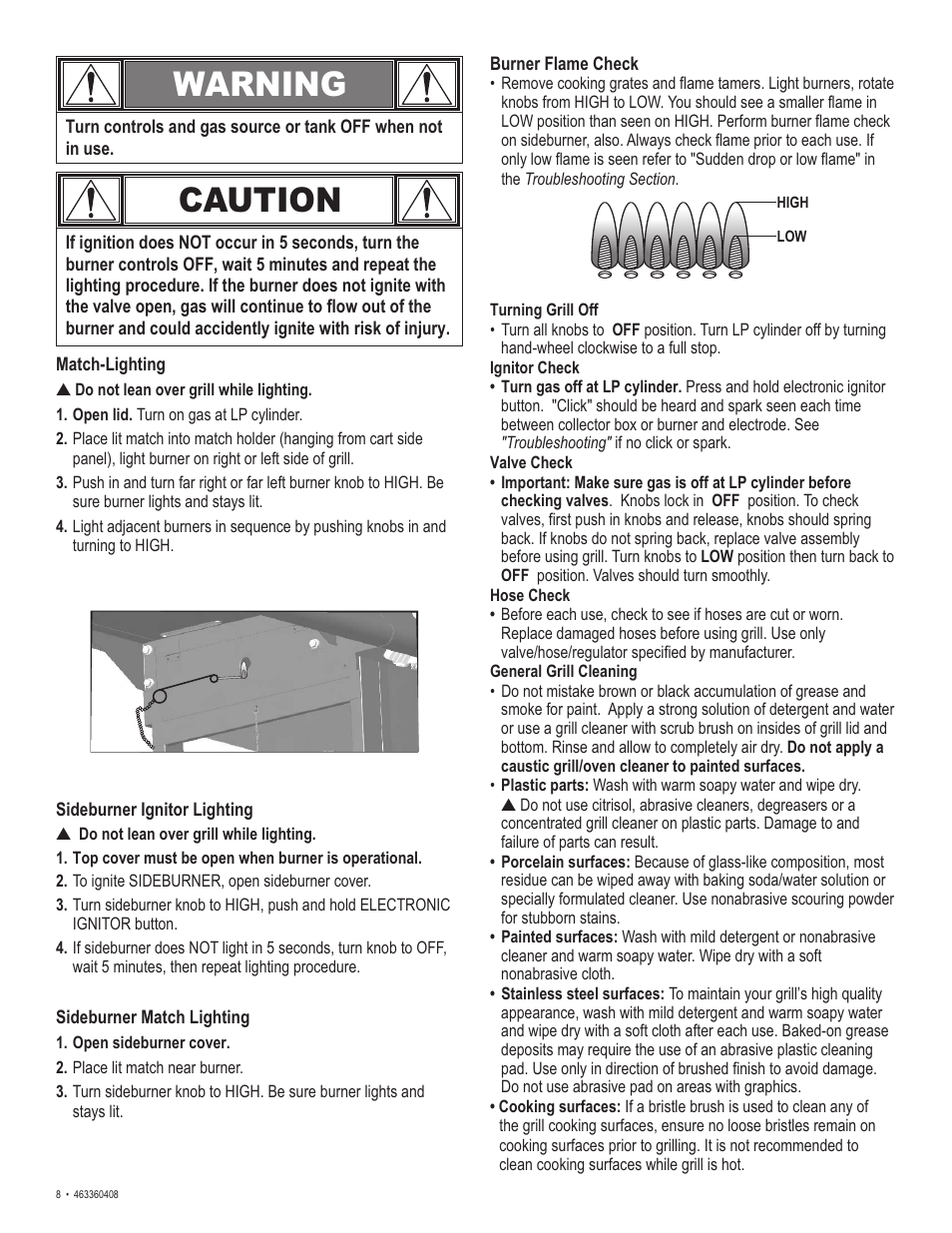 Caution, Warning | Char-Broil 463360408 User Manual | Page 8 / 28