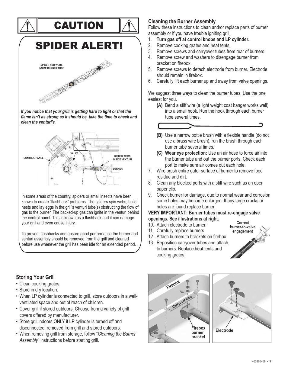 Caution, Spider alert | Char-Broil 463360408 User Manual | Page 9 / 28