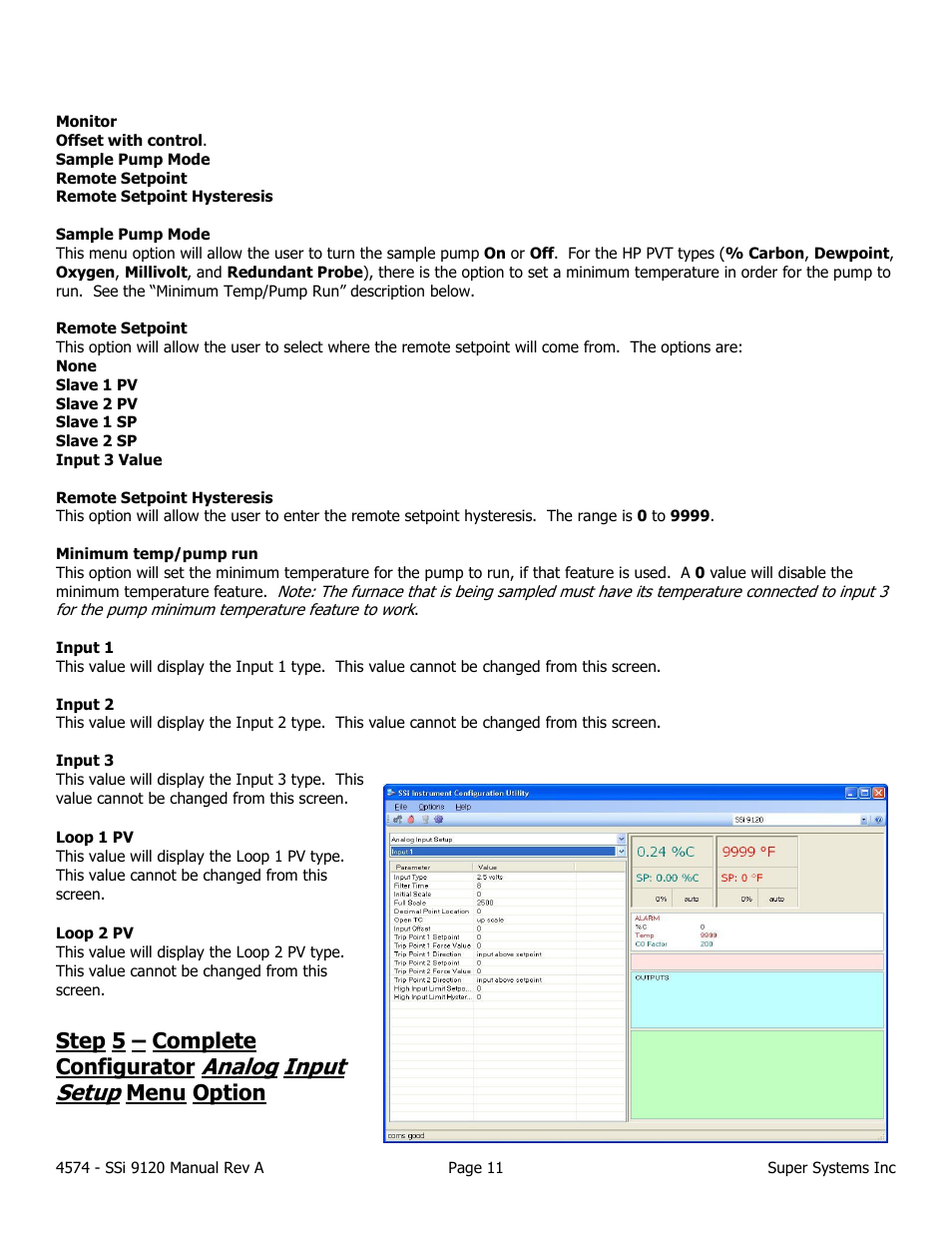 Analog input setup, Step 5 – complete configurator, Menu option | Super Systems 9120 User Manual | Page 11 / 45