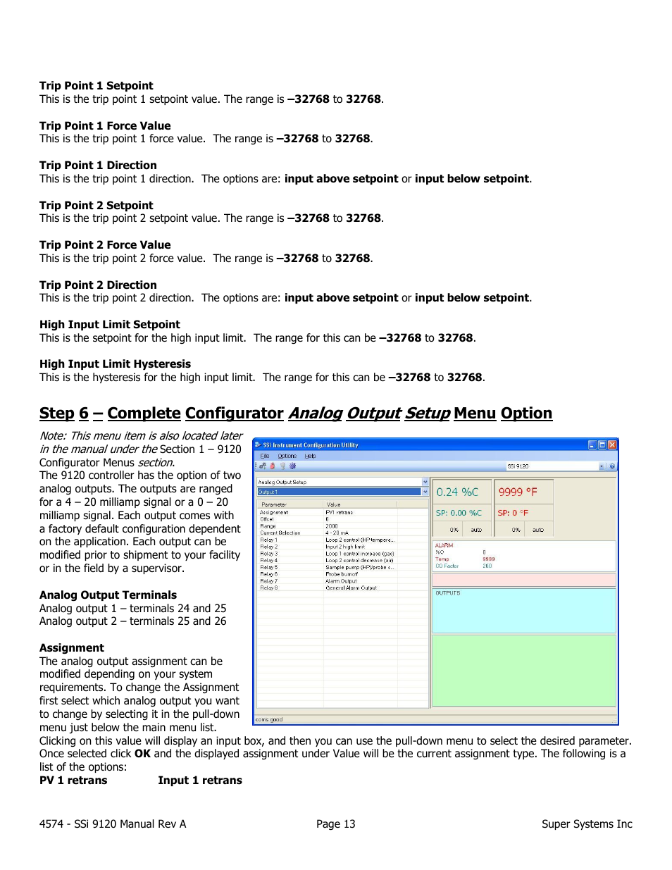 Analog output setup, Step 6 – complete configurator, Menu option | Super Systems 9120 User Manual | Page 13 / 45