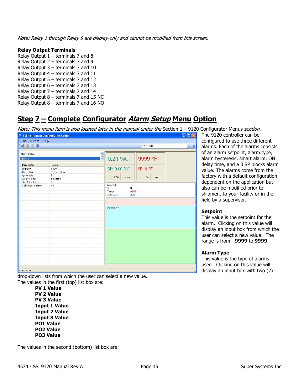 Alarm setup, Step 7 – complete configurator, Menu option | Super Systems 9120 User Manual | Page 15 / 45
