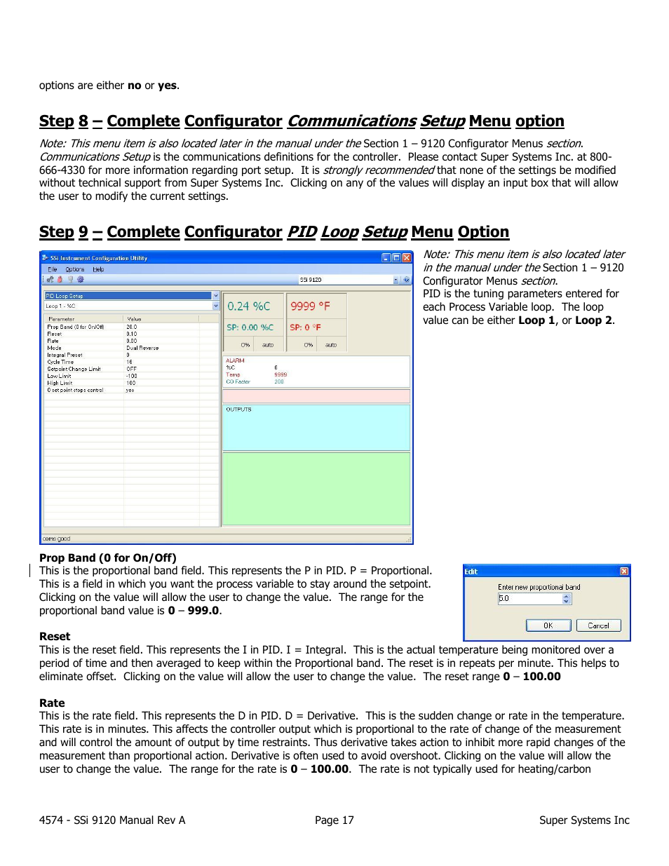 Communications setup, Pid loop setup, Step 8 – complete configurator | Menu option, Step 9 – complete configurator | Super Systems 9120 User Manual | Page 17 / 45