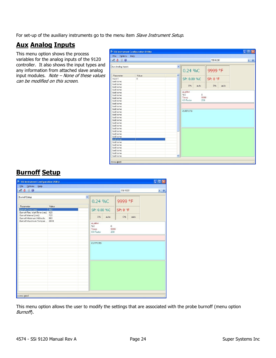 Aux analog inputs, Burnoff setup | Super Systems 9120 User Manual | Page 24 / 45