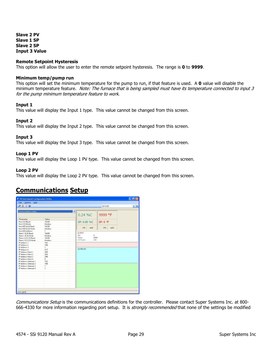 Communications setup | Super Systems 9120 User Manual | Page 29 / 45