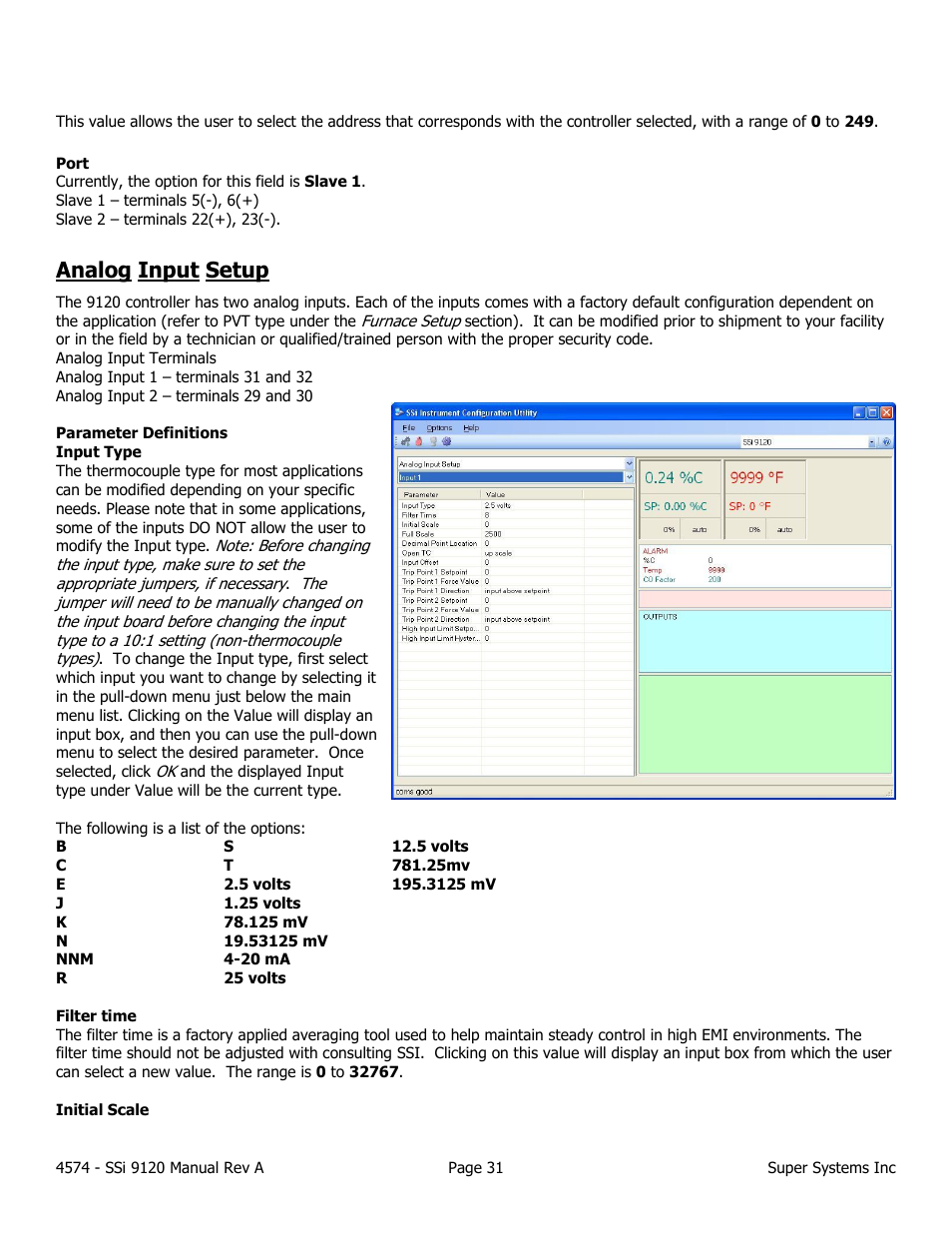 Analog input setup | Super Systems 9120 User Manual | Page 31 / 45