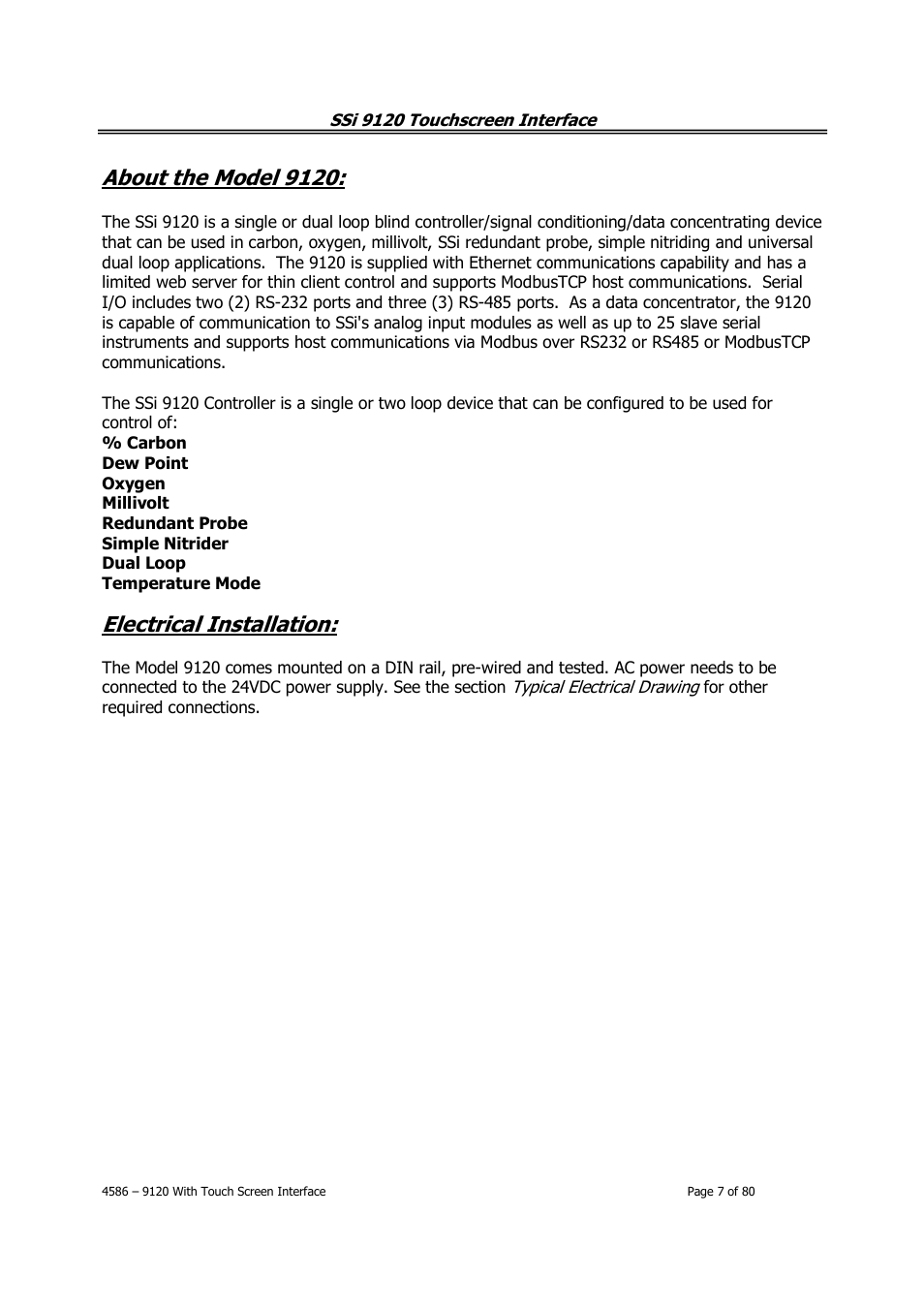 About the model 9120, Electrical installation | Super Systems 9120 with TS User Manual | Page 7 / 80