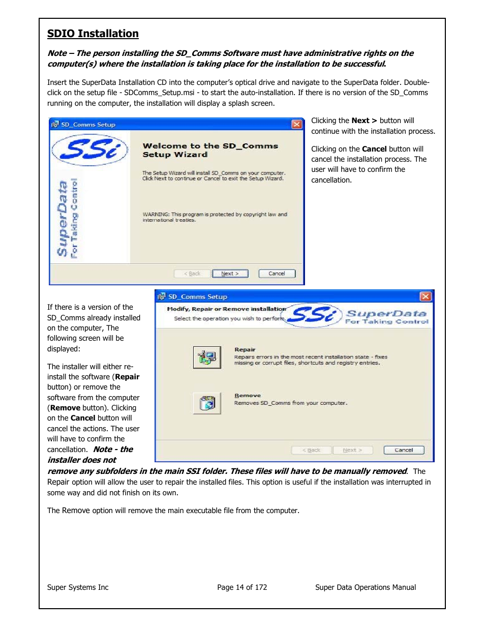 Sdio installation | Super Systems SuperDATA User Manual | Page 14 / 172