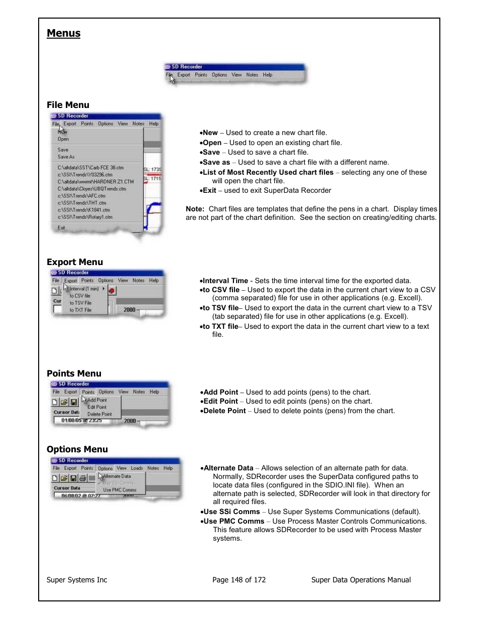 Menus | Super Systems SuperDATA User Manual | Page 148 / 172