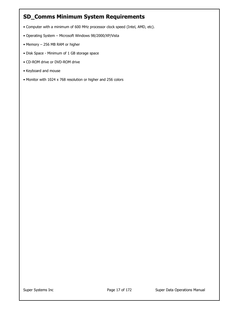 Sd_comms minimum system requirements | Super Systems SuperDATA User Manual | Page 17 / 172