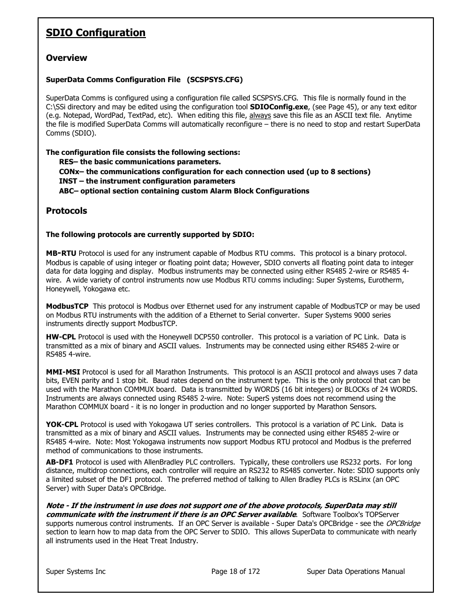 Sdio configuration | Super Systems SuperDATA User Manual | Page 18 / 172