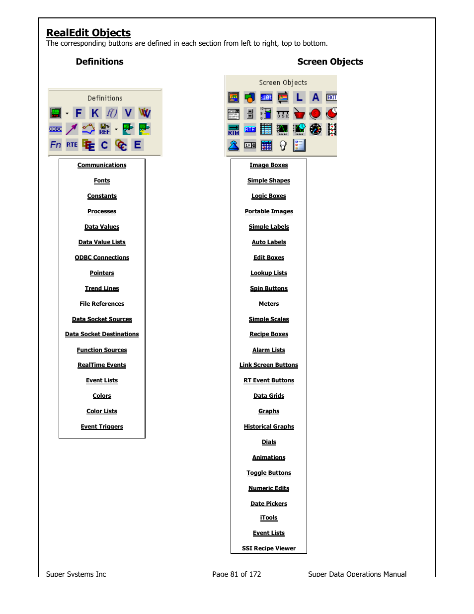 Realedit objects, Definitions screen objects | Super Systems SuperDATA User Manual | Page 81 / 172