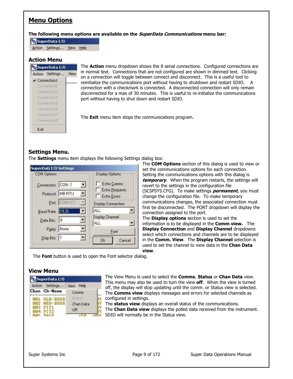 Menu options | Super Systems SuperDATA User Manual | Page 9 / 172