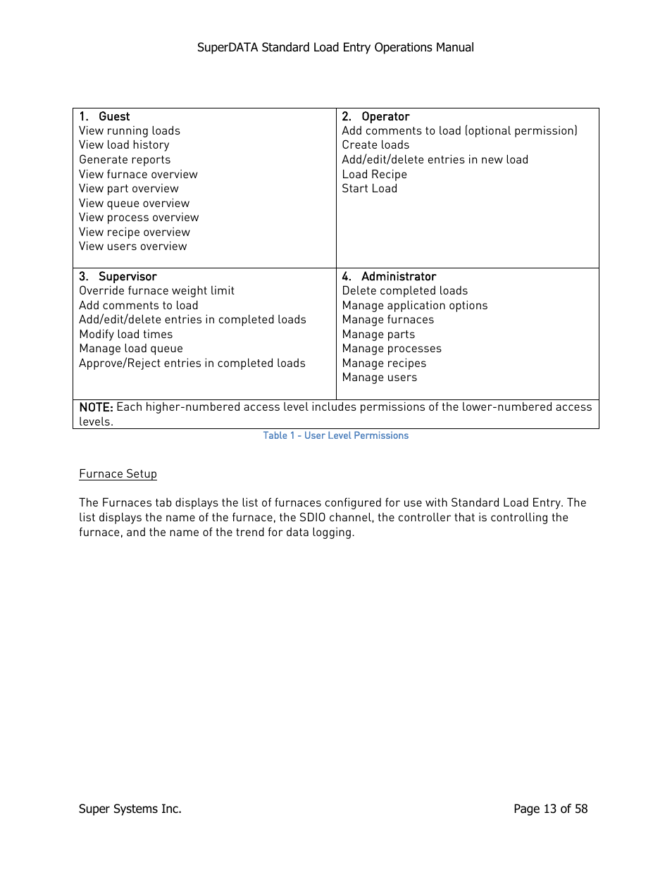Furnace setup | Super Systems SuperDATA Load Entry User Manual | Page 13 / 58