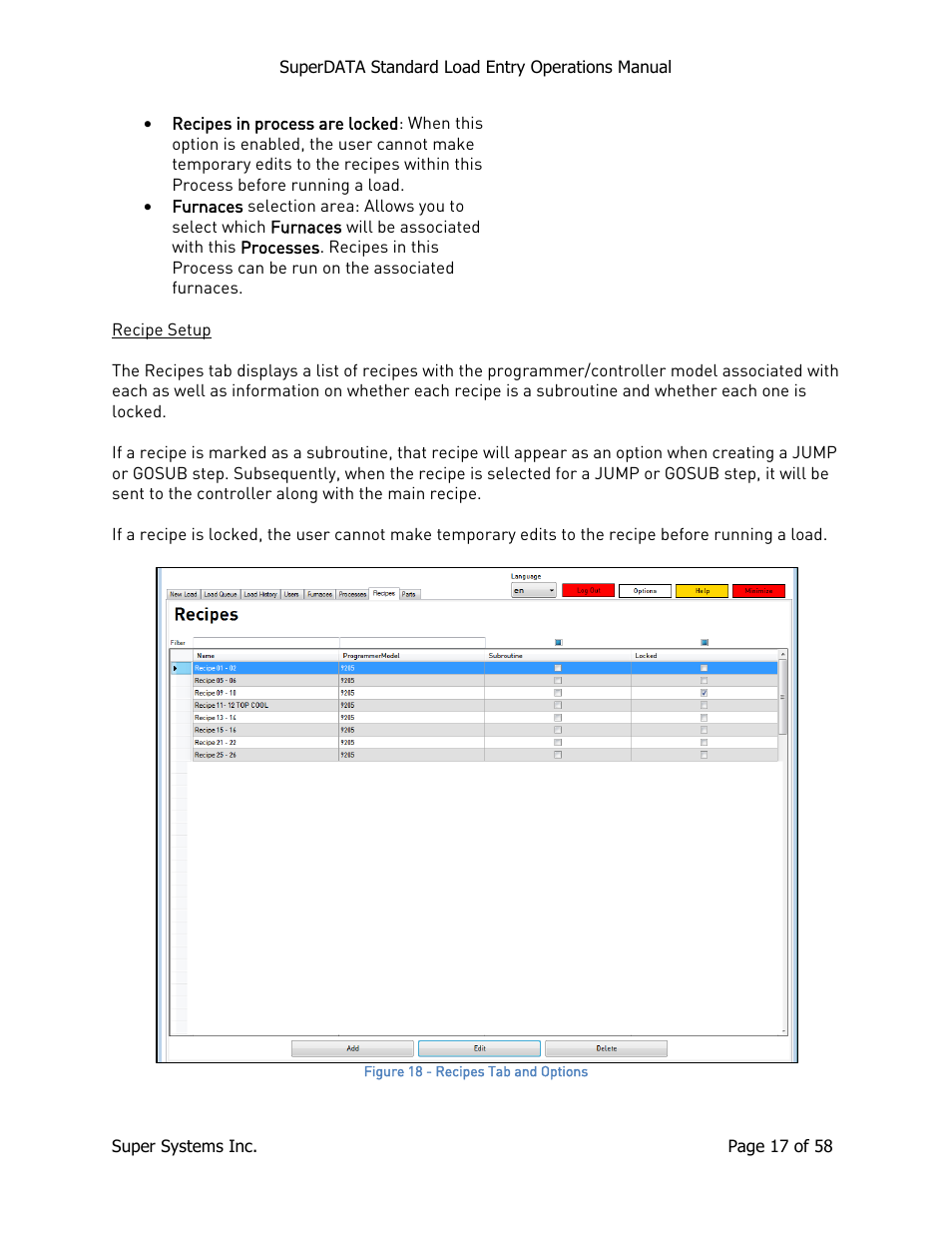 Recipe setup | Super Systems SuperDATA Load Entry User Manual | Page 17 / 58