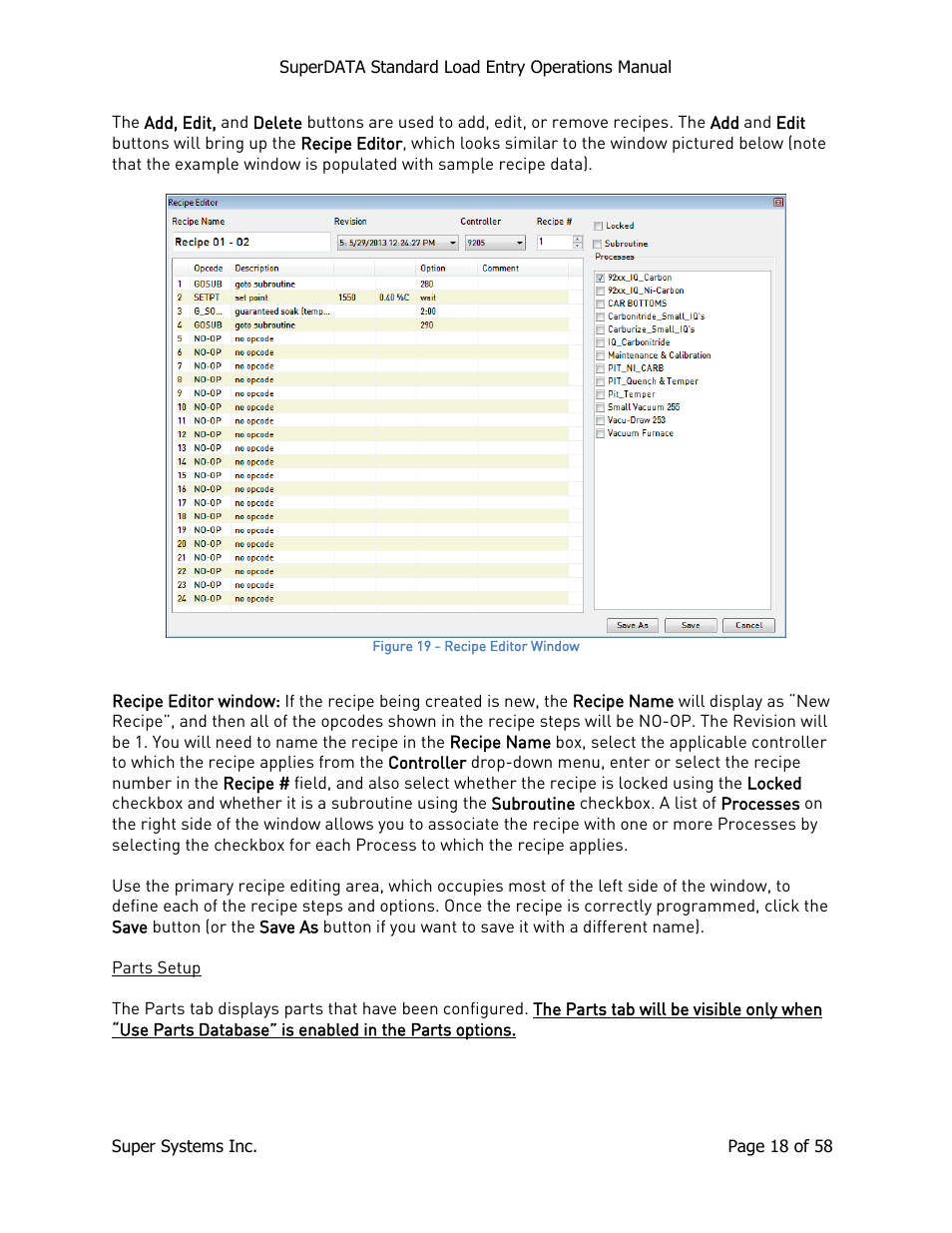 Parts setup | Super Systems SuperDATA Load Entry User Manual | Page 18 / 58