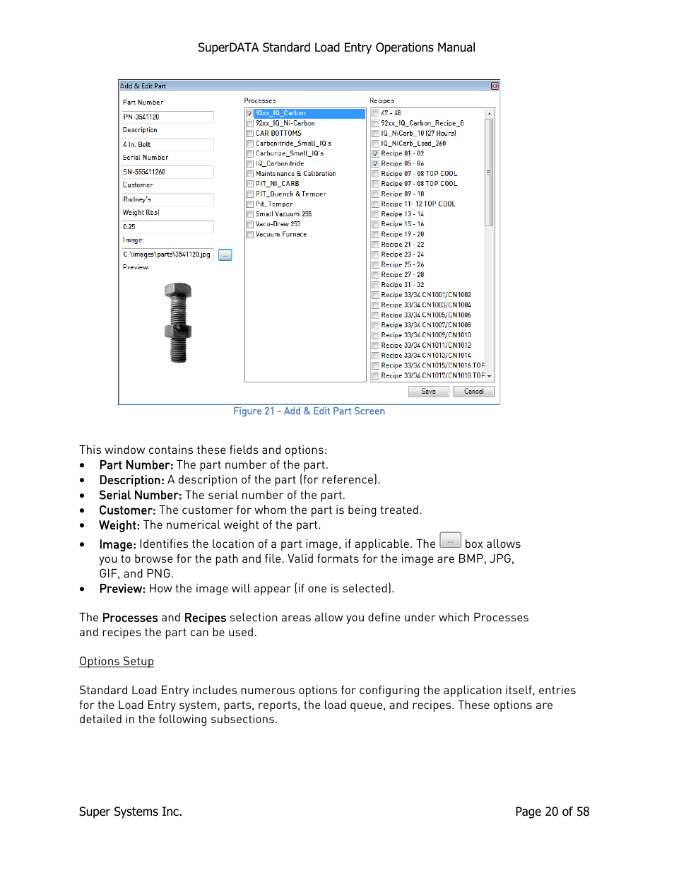 Options setup | Super Systems SuperDATA Load Entry User Manual | Page 20 / 58