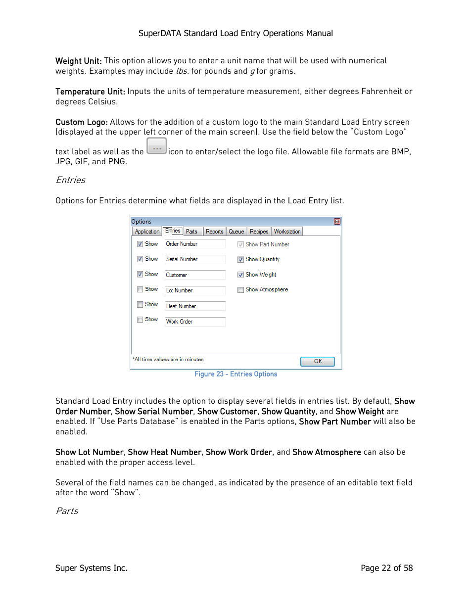 Entries, Parts, Entries parts | Super Systems SuperDATA Load Entry User Manual | Page 22 / 58