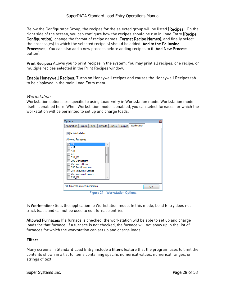 Workstation, Filters | Super Systems SuperDATA Load Entry User Manual | Page 28 / 58