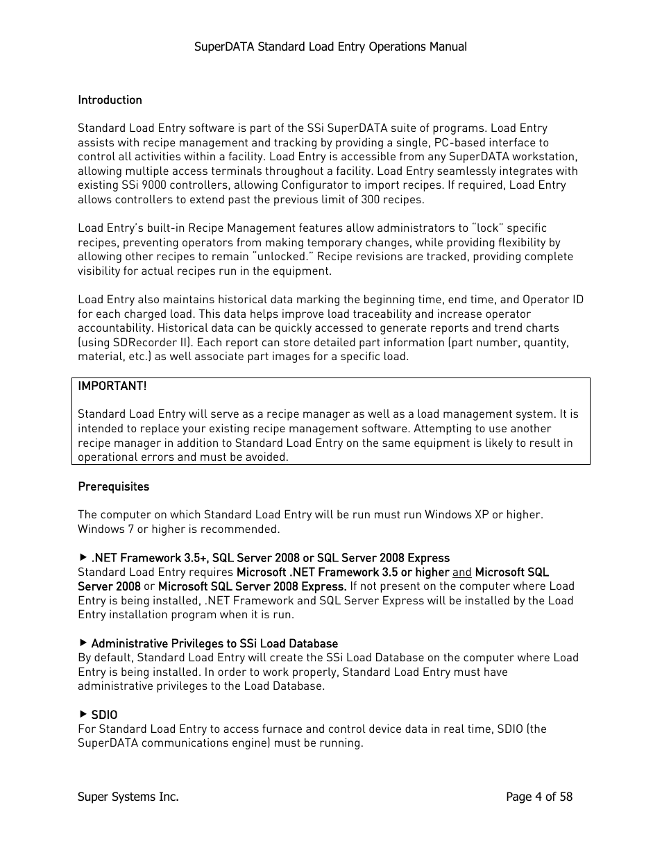 Introduction, Prerequisites, Introduction prerequisites | Super Systems SuperDATA Load Entry User Manual | Page 4 / 58