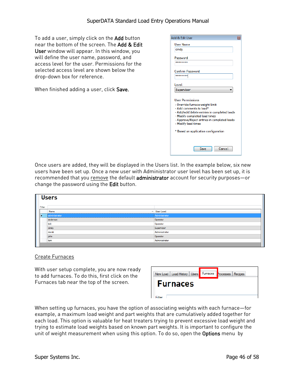 Create furnaces | Super Systems SuperDATA Load Entry User Manual | Page 46 / 58