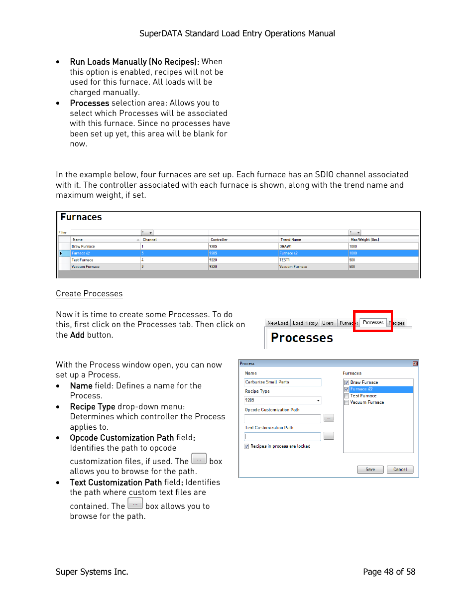 Create processes | Super Systems SuperDATA Load Entry User Manual | Page 48 / 58