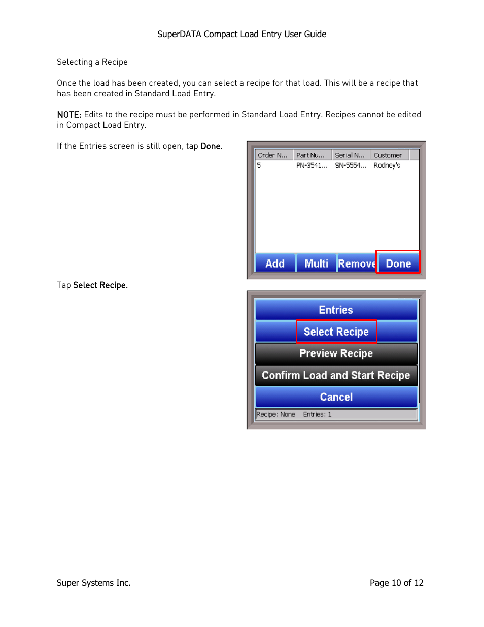 Selecting a recipe | Super Systems SuperDATA Compact Load Entry User Manual | Page 10 / 12