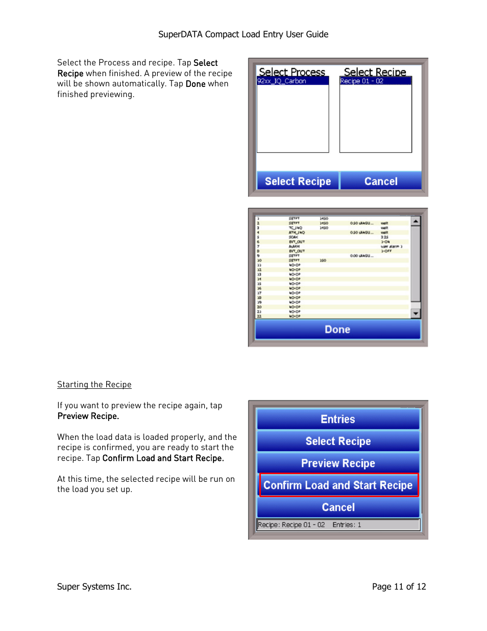 Starting the recipe | Super Systems SuperDATA Compact Load Entry User Manual | Page 11 / 12