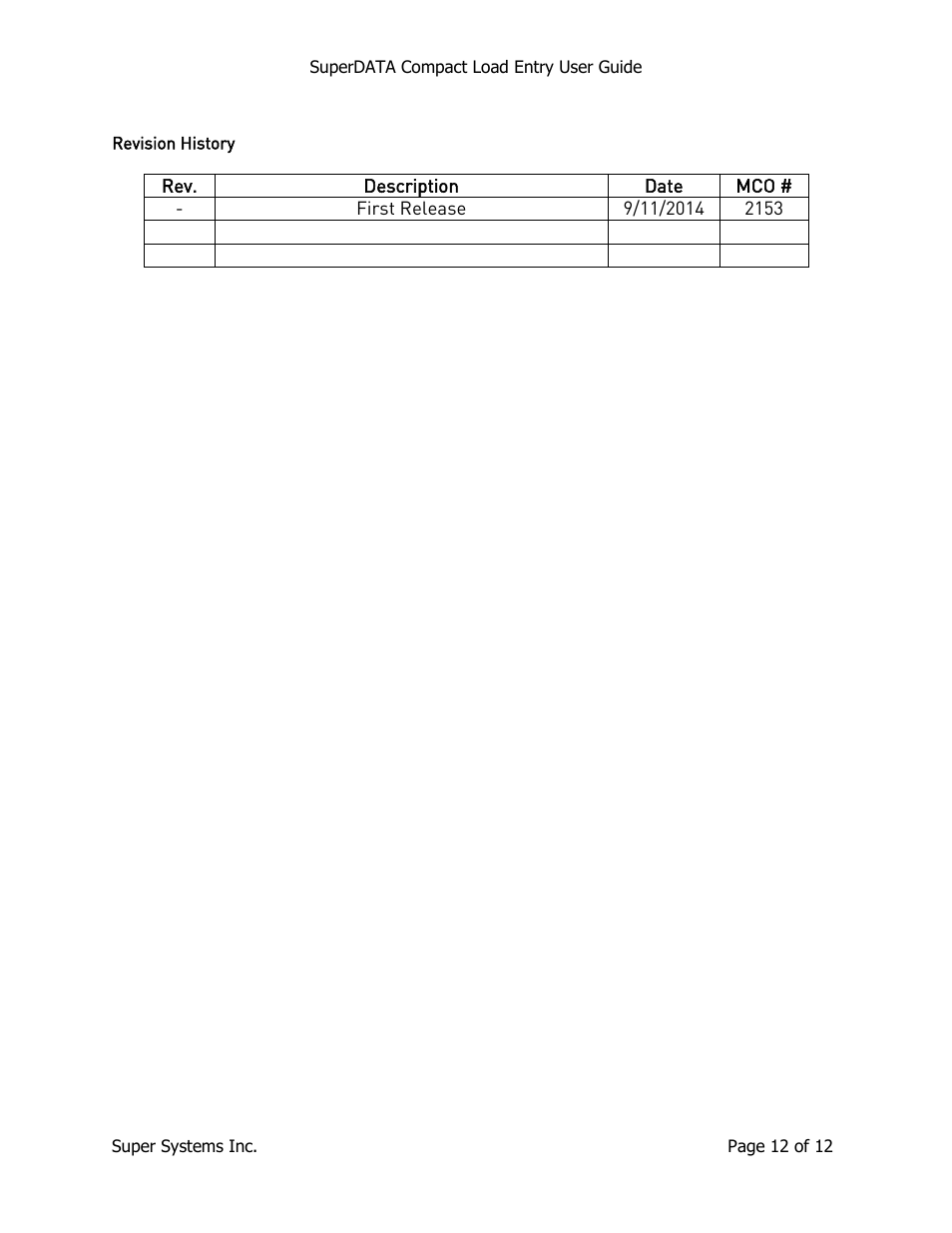 Revision history | Super Systems SuperDATA Compact Load Entry User Manual | Page 12 / 12