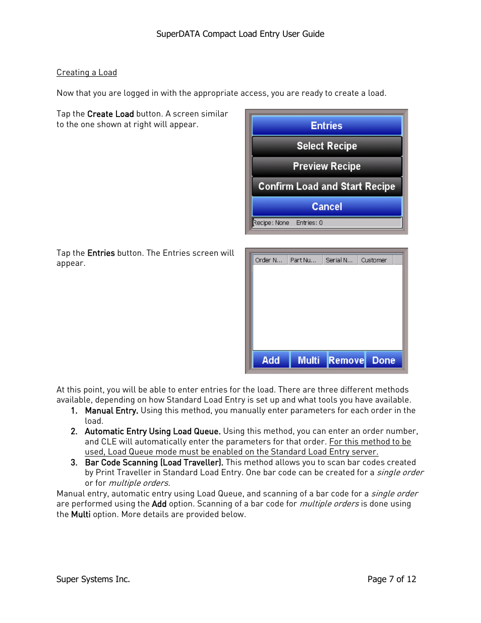 Creating a load | Super Systems SuperDATA Compact Load Entry User Manual | Page 7 / 12