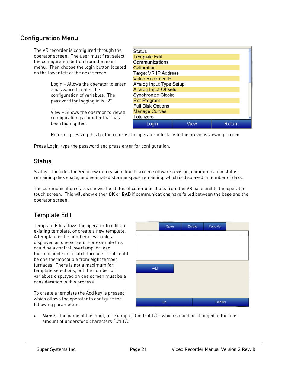 Configuration menu, Status, Template edit | Super Systems Paperless VR User Manual | Page 22 / 77