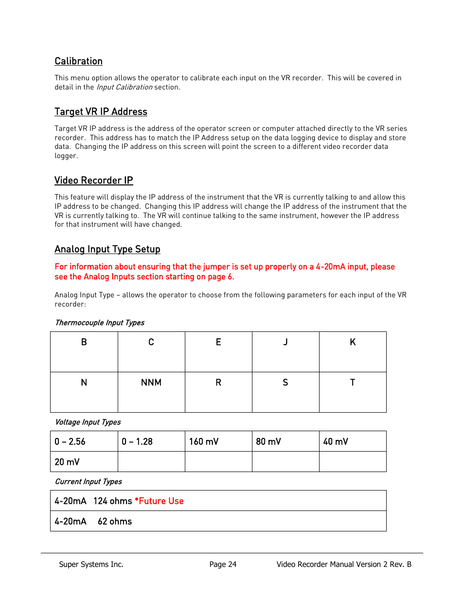 Calibration, Target vr ip address, Video recorder ip | Analog input type setup | Super Systems Paperless VR User Manual | Page 25 / 77