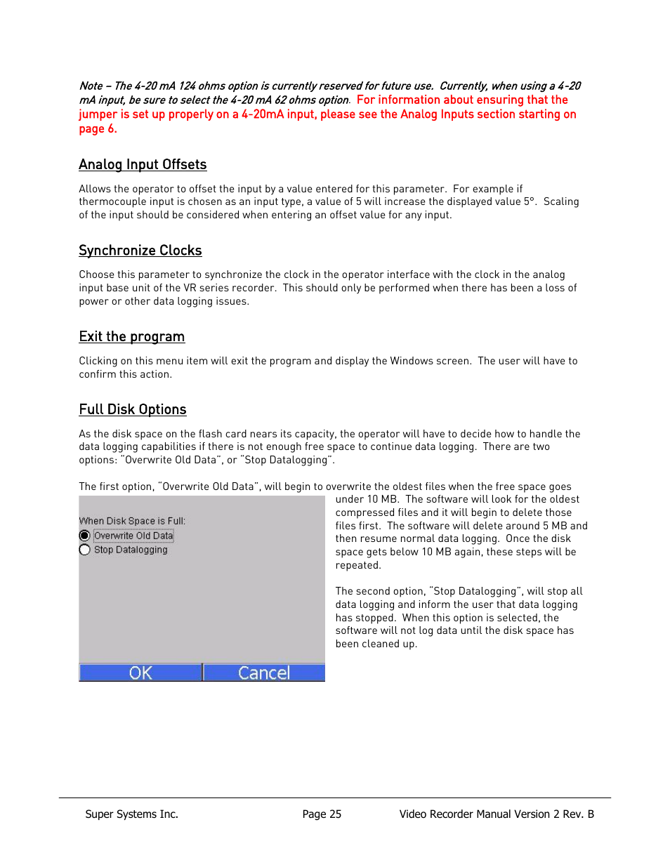 Analog input offsets, Synchronize clocks, Exit the program | Full disk options, Manage curves | Super Systems Paperless VR User Manual | Page 26 / 77