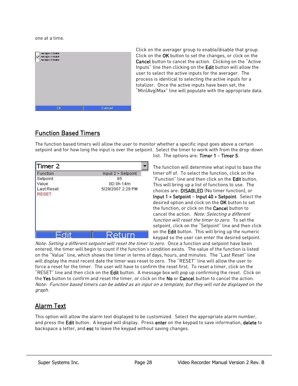 Function based timers, Alarm text | Super Systems Paperless VR User Manual | Page 29 / 77