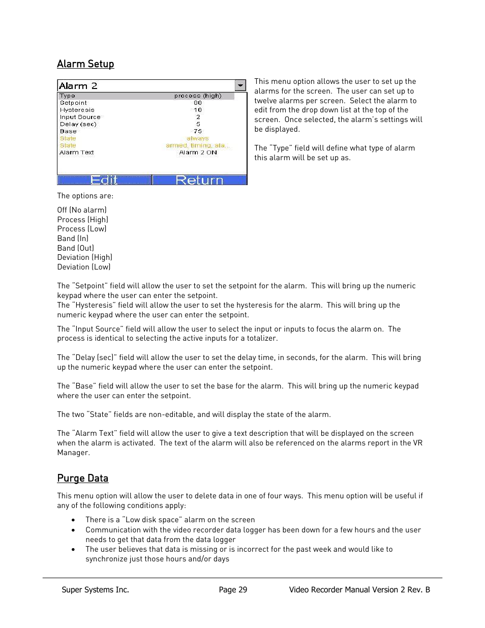 Alarm setup, Purge data | Super Systems Paperless VR User Manual | Page 30 / 77