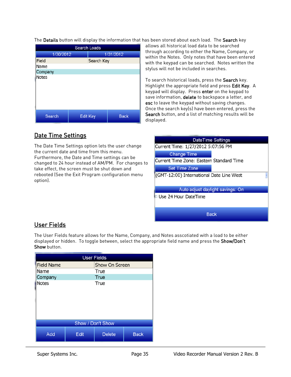Date time settings, User fields | Super Systems Paperless VR User Manual | Page 36 / 77