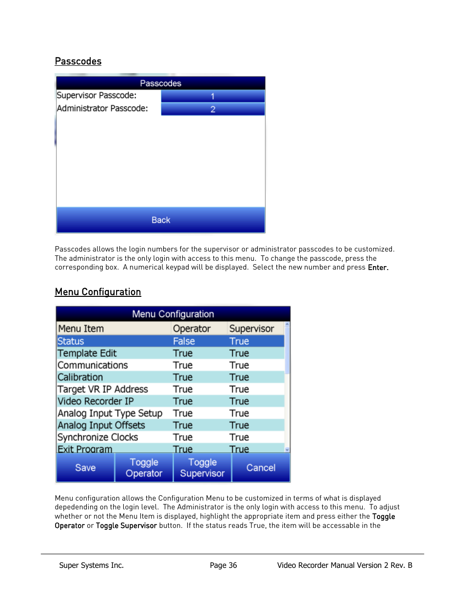 Passcodes, Menu configuration | Super Systems Paperless VR User Manual | Page 37 / 77