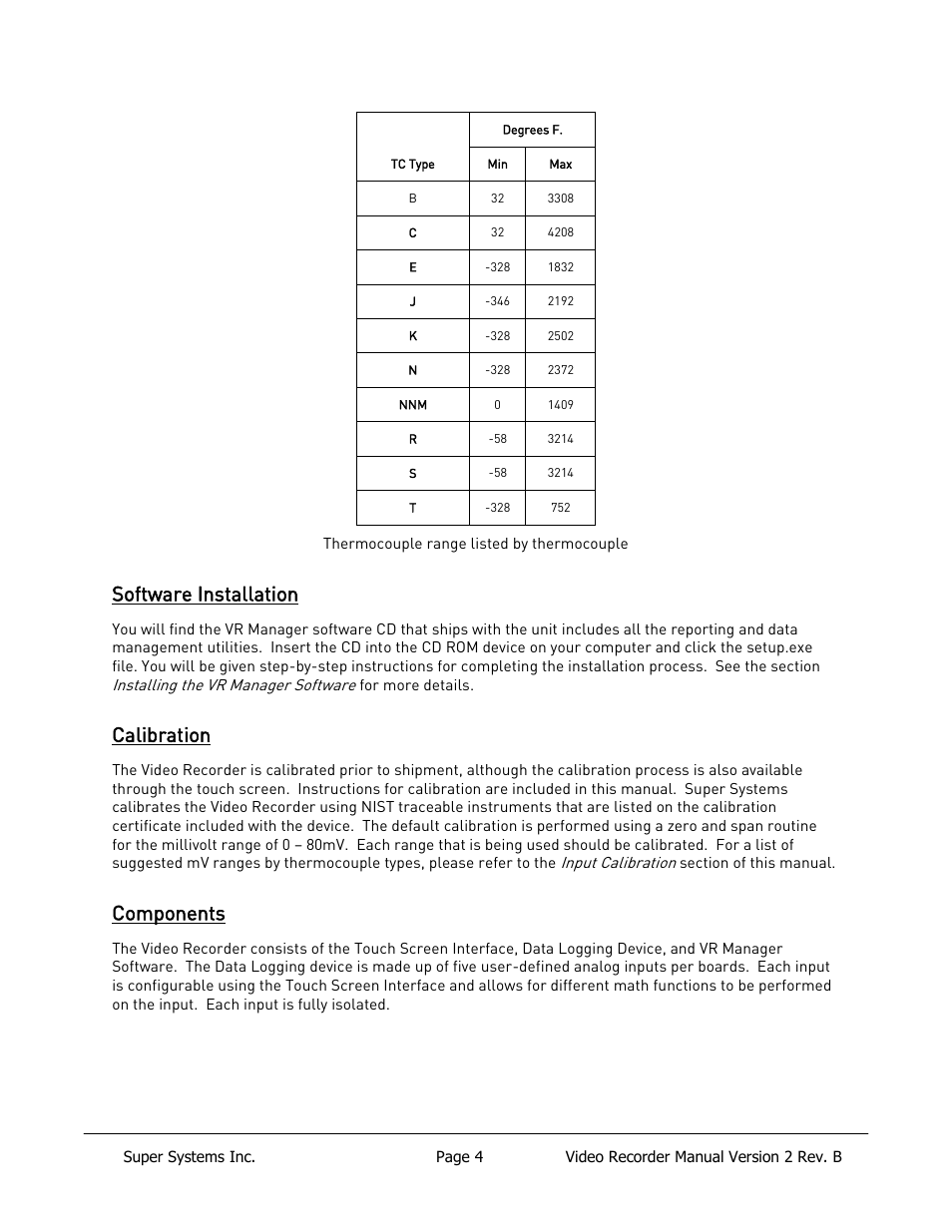 Software installation, Calibration, Components | Super Systems Paperless VR User Manual | Page 5 / 77