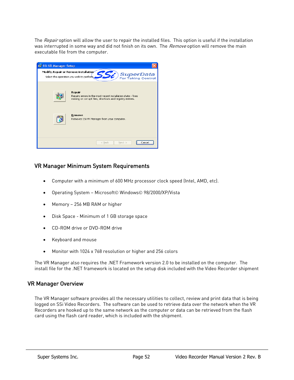 Vr manager minimum system requirements, Vr manager overview | Super Systems Paperless VR User Manual | Page 53 / 77