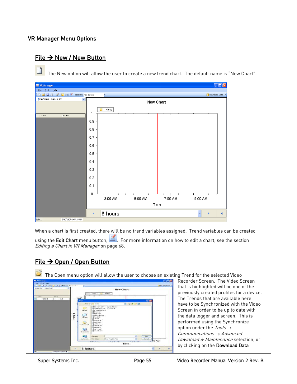 Vr manager menu options, File  new / new button, File  open / open button | Super Systems Paperless VR User Manual | Page 56 / 77