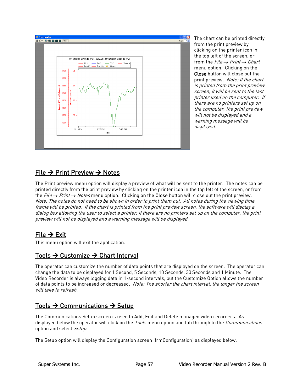File  print preview  notes, File  exit, Tools  customize  chart interval | Tools  communications  setup | Super Systems Paperless VR User Manual | Page 58 / 77