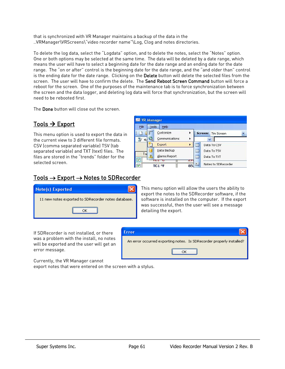Tools  export, Tools, Export | Notes to sdrecorder | Super Systems Paperless VR User Manual | Page 62 / 77