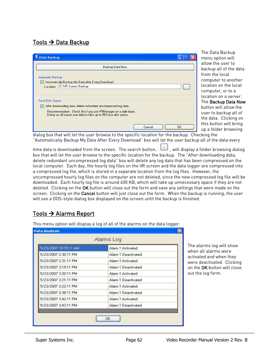 Tools  data backup, Tools  alarms report | Super Systems Paperless VR User Manual | Page 63 / 77