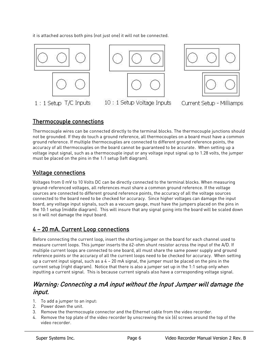 Thermocouple connections, Voltage connections, 4 – 20 ma. current loop connections | Super Systems Paperless VR User Manual | Page 7 / 77