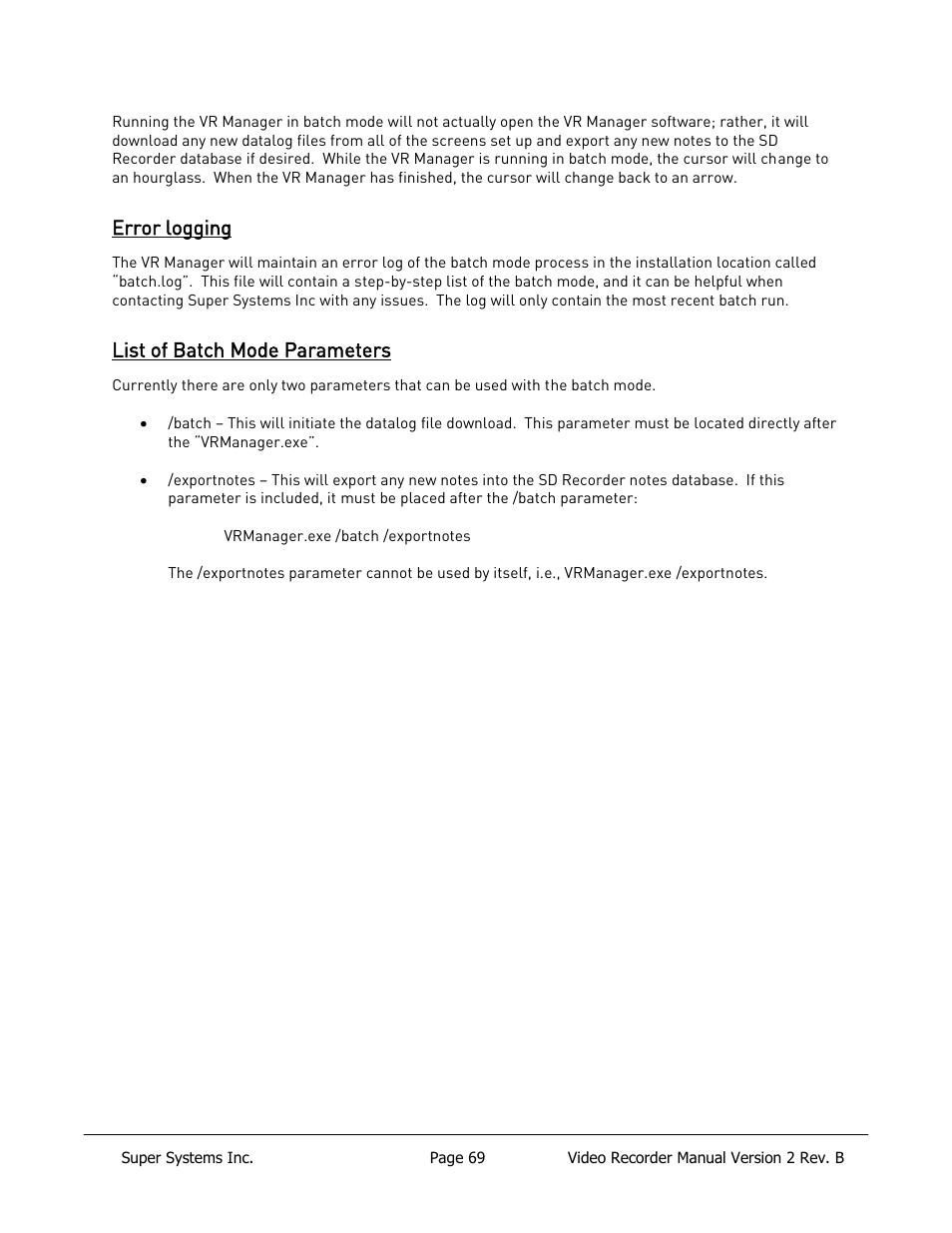 Error logging, List of batch mode parameters | Super Systems Paperless VR User Manual | Page 70 / 77