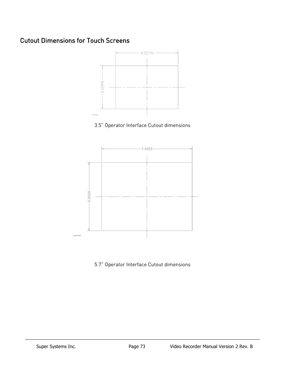 Cutout dimensions for touch screens | Super Systems Paperless VR User Manual | Page 74 / 77