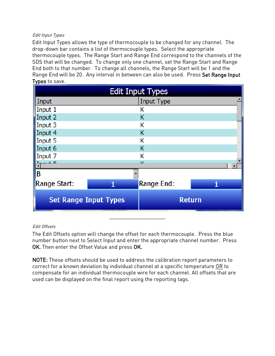 Edit input types, Edit offsets, Edit input types edit offsets | Super Systems SDS 8120 User Manual | Page 28 / 104