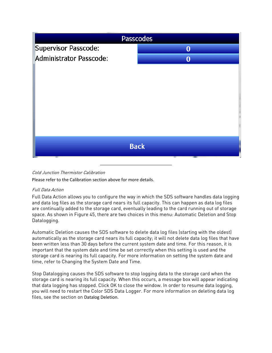 Cold junction thermistor calibration, Full data action | Super Systems SDS 8120 User Manual | Page 36 / 104